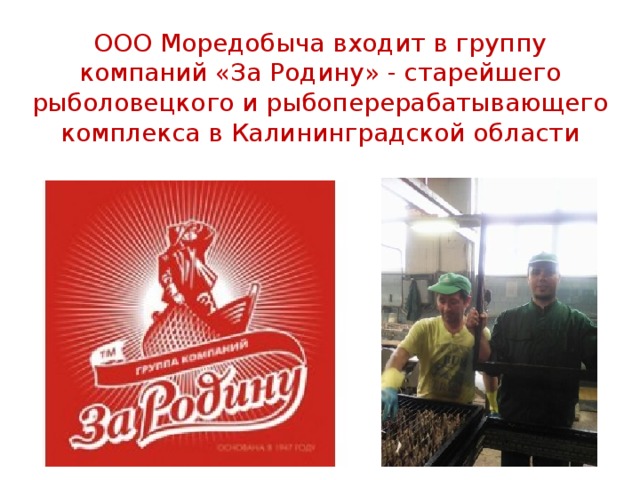 ООО Моредобыча входит в группу компаний «За Родину» - старейшего рыболовецкого и рыбоперерабатывающего комплекса в Калининградской области 