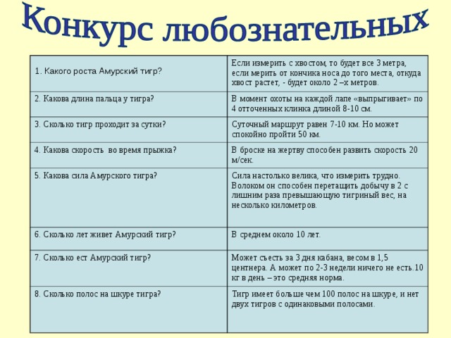 1. Какого роста Амурский тигр?  Если измерить с хвостом, то будет все 3 метра, если мерить от кончика носа до того места, откуда хвост растет, - будет около 2 –х метров. 2. Какова длина пальца у тигра? В момент охоты на каждой лапе «выпрыгивает» по 4 отточенных клинка длиной 8-10 см. 3. Сколько тигр проходит за сутки? Суточный маршрут равен 7-10 км. Но может спокойно пройти 50 км. 4. Какова скорость во время прыжка? В броске на жертву способен развить скорость 20 м/сек. 5. Какова сила Амурского тигра? Сила настолько велика, что измерить трудно. Волоком он способен перетащить добычу в 2 с лишним раза превышающую тигриный вес, на несколько километров. 6. Сколько лет живет Амурский тигр? В среднем около 10 лет. 7. Сколько ест Амурский тигр? Может съесть за 3 дня кабана, весом в 1,5 центнера. А может по 2-3 недели ничего не есть.10 кг в день – это средняя норма. 8. Сколько полос на шкуре тигра? Тигр имеет больше чем 100 полос на шкуре, и нет двух тигров с одинаковыми полосами.    