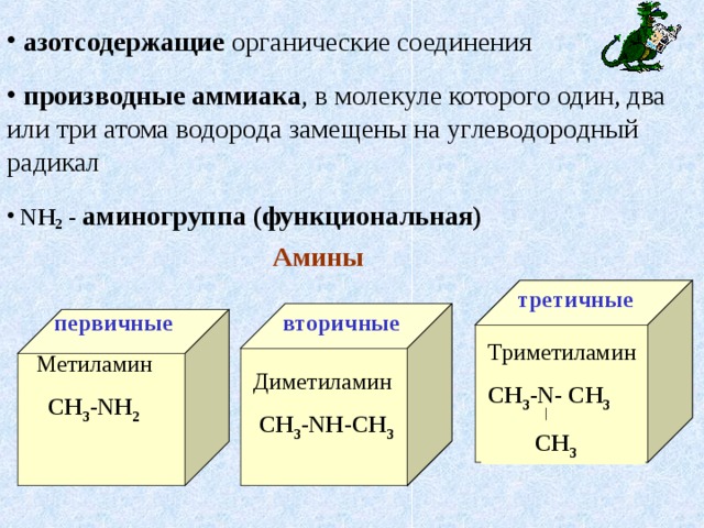  азотсодержащие органические соединения  производные аммиака , в молекуле которого один, два или три атома водорода замещены на углеводородный радикал   NH 2 - аминогруппа (функциональная)  Амины   третичные первичные вторичные Триметиламин CH 3 -N- CH 3  CH 3  Метиламин  СН 3 - NH 2  Диметиламин  CH 3 -NH-CH 3  