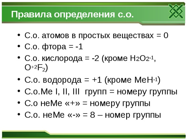 Правила определения с.о. С.о. атомов в простых веществах = 0 С.о. фтора = -1 С.о. кислорода = -2 (кроме Н 2 О 2 -1 , O +2 F 2 ) С.о. водорода = +1 (кроме МеН -1 ) С.о.Ме I , II , III групп = номеру группы С.о неМе «+» = номеру группы С.о. неМе «-» = 8 – номер группы 