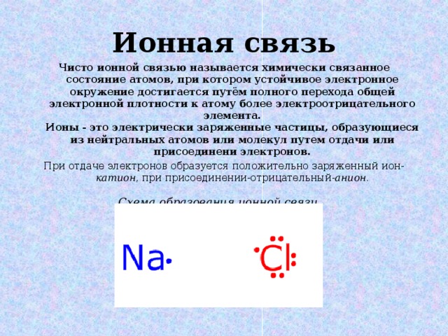 Ионная связь Чисто ионной связью называется химически связанное состояние атомов, при котором устойчивое электронное окружение достигается путём полного перехода общей электронной плотности к атому более электроотрицательного элемента.  Ионы - это электрически заряженные частицы, образующиеся из нейтральных атомов или молекул путем отдачи или присоединени электронов. При отдаче электронов образуется положительно заряженный ион- катион , при присоединении-отрицательный- анион . Схема образования ионной связи.   