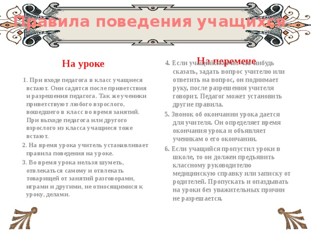 Правила поведения учащихся На перемене На уроке    4. Если учащийся хочет что-нибудь сказать, задать вопрос учителю или ответить на воп­рос, он поднимает руку, после разрешения учителя говорит. Педагог может установить другие правила.    5. Звонок об окончании урока дается для учителя. Он определяет время окончания урока и объявляет ученикам о его окончании.    6. Если учащийся пропустил уроки в школе, то он должен предъявить классному руководи­телю медицинскую справку или записку от родителей. Пропускать и опаздывать на уроки без уважительных причин не разрешается.     1. При входе педагога в класс учащиеся встают. Они садятся после приветствия и разрешения педагога. Так же ученики приветствуют любого взрослого, вошедшего в класс во время занятий. При выходе педагога или другого взрослого из класса учащиеся тоже встают.    2. На время урока учитель устанавливает правила поведения на уроке.    3. Во время урока нельзя шуметь, отвлекаться самому и отвлекать товарищей от занятий разговорами, играми и другими, не относящимися к уроку, делами.  