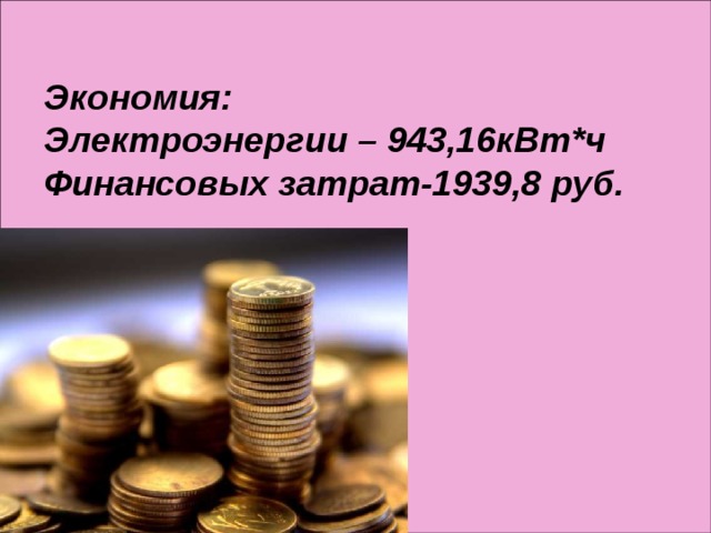 Экономия: Электроэнергии – 943,16кВт*ч Финансовых затрат-1939,8 руб.