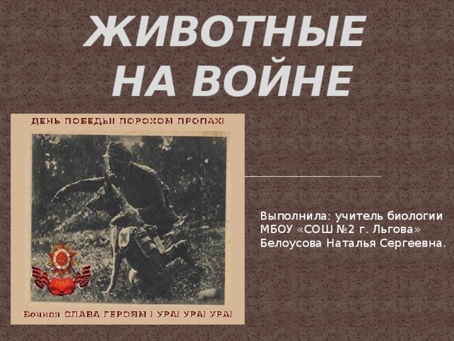 ЖИВОТНЫЕ  НА ВОЙНЕ Выполнила: учитель биологии МБОУ «СОШ №2 г. Льгова» Белоусова Наталья Сергеевна.