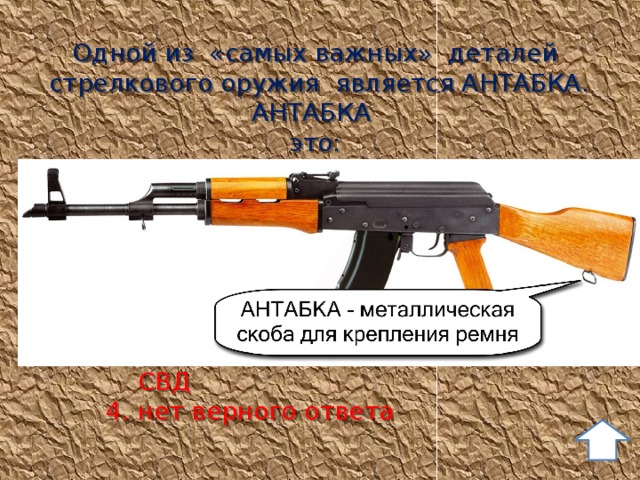 Одной из «самых важных» деталей  стрелкового оружия является АНТАБКА. АНТАБКА это:  1. деталь ударно-спускового мех-ма АК  2. устройство для крепления оптического  прицела на СВД  3. резиновая прокладка на прикладе  СВД  4. нет верного ответа 