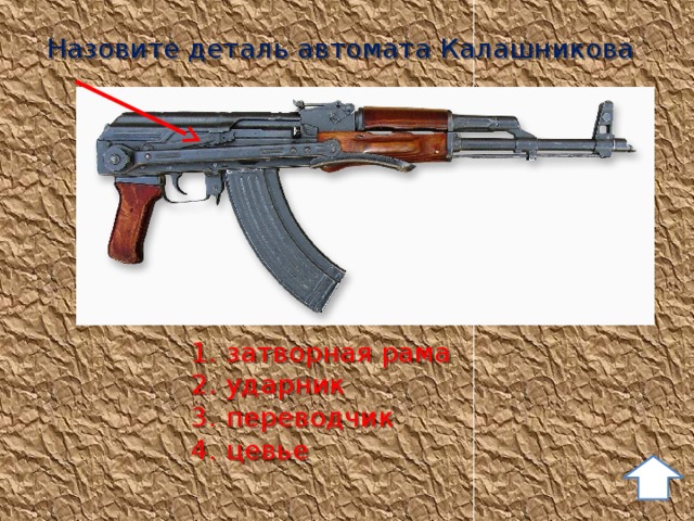 Назовите деталь автомата Калашникова 1. затворная рама 2. ударник 3. переводчик 4. цевье 31 
