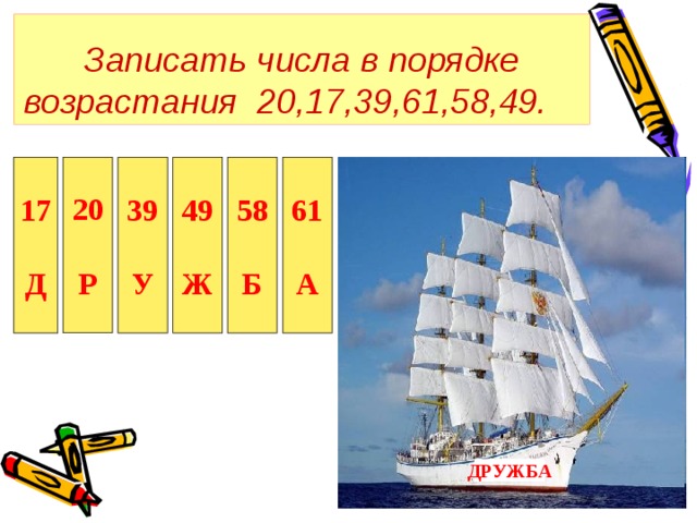 Записать числа в порядке возрастания 20,17,39,61,58,49.  17 20 39 61 49 58       А Б У Ж Р Д ДРУЖБА 