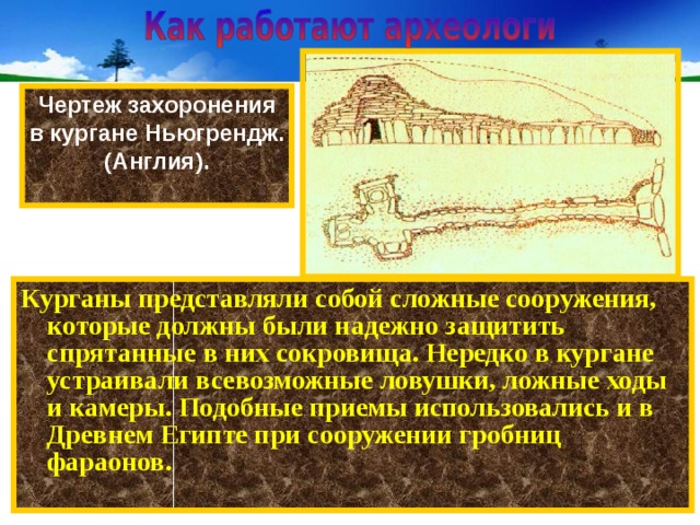 Чертеж захоронения в кургане Ньюгрендж. (Англия).  Курганы представляли собой сложные сооружения, которые должны были надежно защитить спрятанные в них сокровища. Нередко в кургане устраивали всевозможные ловушки, ложные ходы и камеры. Подобные приемы использовались и в Древнем Египте при сооружении гробниц фараонов. 