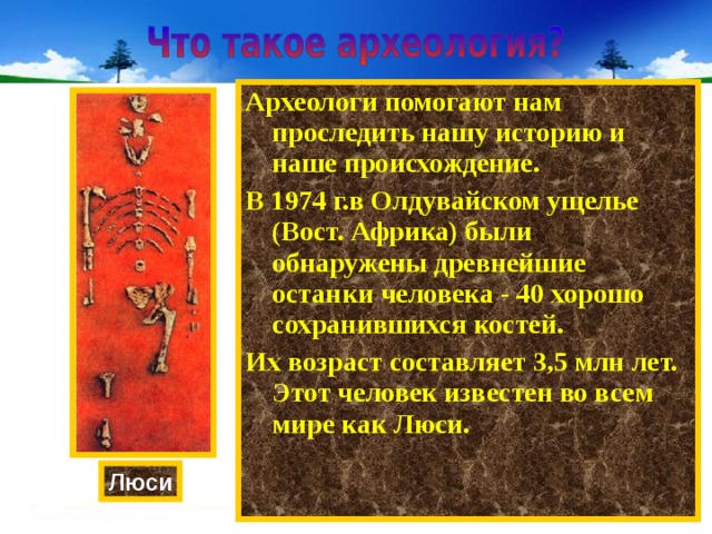 Археологи помогают нам проследить нашу историю и наше происхождение. В 1974 г.в Олдувайском ущелье (Вост. Африка) были обнаружены древнейшие останки человека - 40 хорошо сохранившихся костей. Их возраст составляет 3,5 млн лет. Этот человек известен во всем мире как Люси. Люси 
