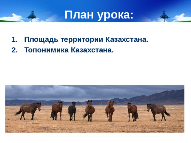 План урока: Площадь территории Казахстана. Топонимика Казахстана. 