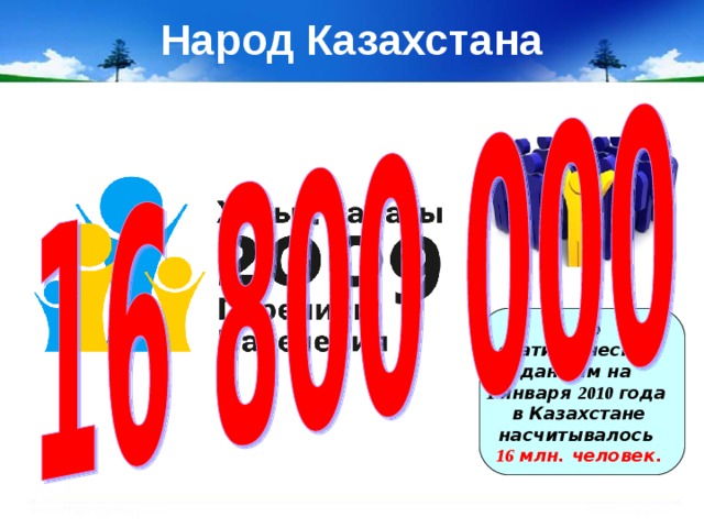 Народ Казахстана  По статистическим данным на 1 января 2010 года в Казахстане насчитывалось 16 млн. человек. 