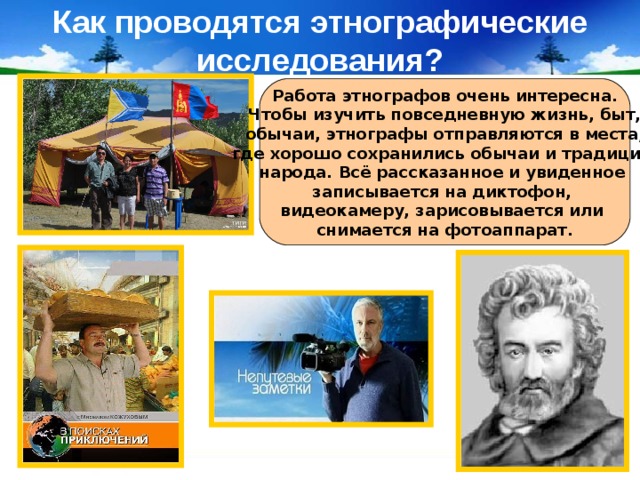 Как проводятся этнографические исследования? Работа этнографов очень интересна. Чтобы изучить повседневную жизнь, быт,  обычаи, этнографы отправляются в места, где хорошо сохранились обычаи и традиции народа. Всё рассказанное и увиденное записывается на диктофон, видеокамеру, зарисовывается или снимается на фотоаппарат. 