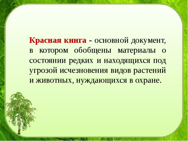 Красная книга - основной документ, в котором обобщены материалы о состоянии редких и находящихся под угрозой исчезновения видов растений и животных, нуждающихся в охране. 