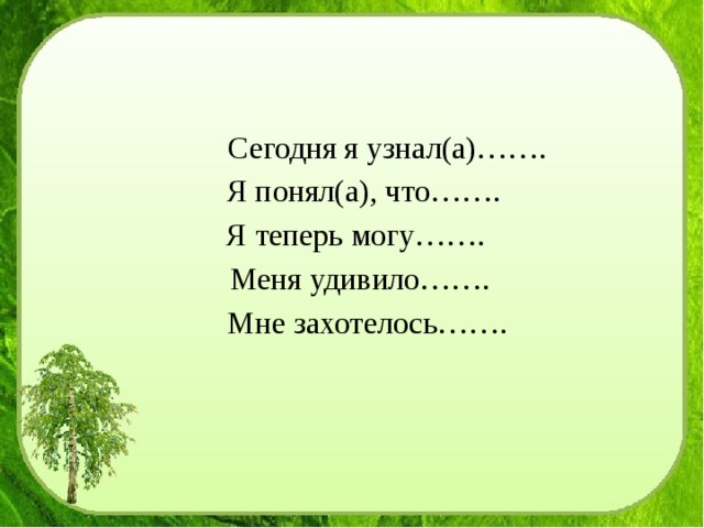  Сегодня я узнал(а)…….  Я понял(а), что…….  Я теперь могу…….  Меня удивило…….  Мне захотелось……. 