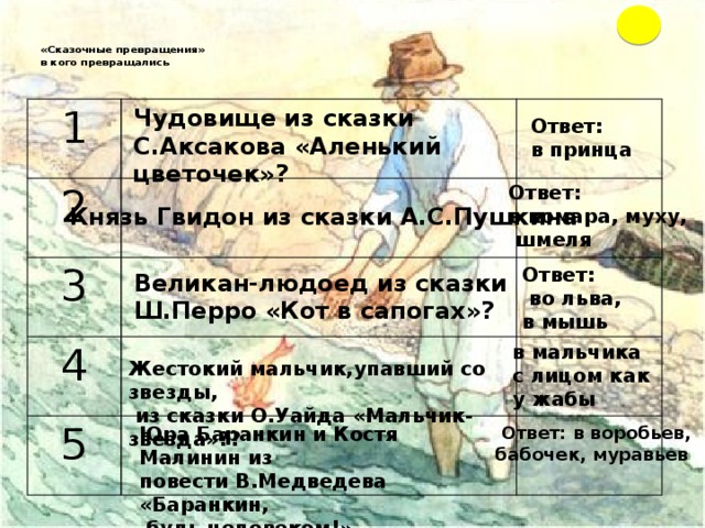 «Сказочные превращения»  в кого превращались   Чудовище из сказки С.Аксакова «Аленький цветочек»?  1  2   3    4  5     Ответ: в принца Ответ: в комара, муху,  шмеля Князь Гвидон из сказки А.С.Пушкина Ответ:  во льва, в мышь Великан-людоед из сказки Ш.Перро «Кот в сапогах»? в мальчика с лицом как у жабы Жестокий мальчик,упавший со звезды,  из сказки О.Уайда «Мальчик-звезда»?? Юра Баранкин и Костя Малинин из  Ответ: в воробьев, повести В.Медведева «Баранкин, бабочек, муравьев  будь человеком!»    