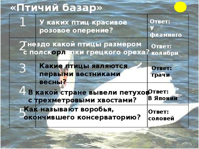 «Птичий базар» 1  2   3    4   5    Ответ: У каких птиц красивое розовое оперение? У фламинго Гнездо какой птицы размером с полск орл упки грецкого ореха? Ответ: колибри Какие птицы являются первыми вестниками весны? Ответ: грачи В какой стране вывели петухов Ответ: с трехметровыми хвостами? В Японии Как называют воробья, окончившего консерваторию? Ответ: соловей 