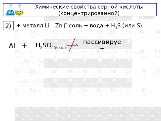 Химические свойства серной кислоты (концентрированной) + металл Li – Zn  соль + вода + H 2 S (или S) 2) Al + H 2 SO 4(конц) пассивирует 