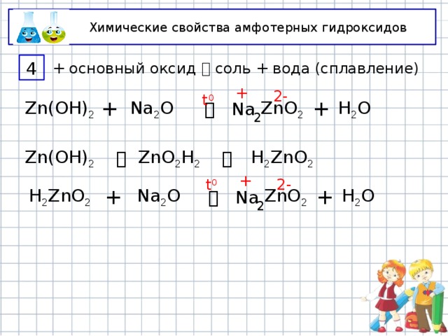 Химические свойства амфотерных гидроксидов + основный оксид  соль + вода (сплавление) 4 + 2- t 0 ZnO 2 + H 2 O Na Na 2 O  + Zn(OH) 2 2 H 2 ZnO 2   Zn(OH) 2 ZnO 2 H 2 t 0 + 2- H 2 O + ZnO 2 Na Na 2 O + H 2 ZnO 2  2 