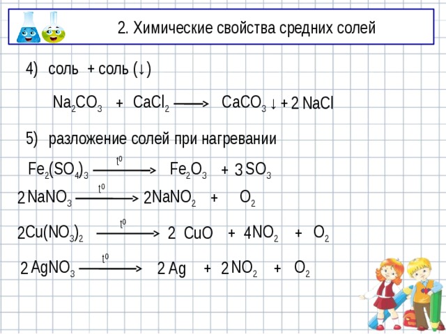2. Химические свойства средних солей 4) соль + соль (↓) + 2 NaCl ↓ CaCO 3 Na 2 CO 3 CaCl 2 + 5) разложение солей при нагревании t 0 Fe 2 (SO 4 ) 3 Fe 2 O 3 + SO 3 3 t 0 O 2 2 2 NaNO 2 + NaNO 3 t 0 + 4 2 O 2 2 NO 2 + CuO Cu(NO 3 ) 2 t 0 AgNO 3 Ag + NO 2 + O 2 2 2 2 