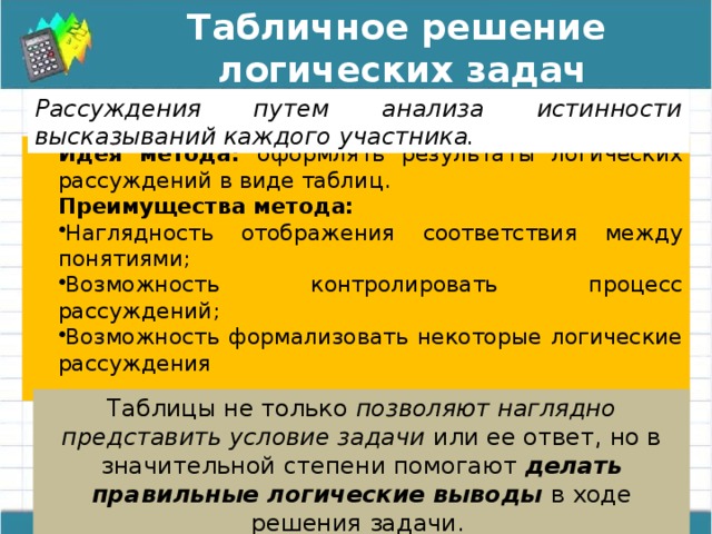 Табличное решение логических задач Рассуждения путем анализа истинности высказываний каждого участника. Идея метода: оформлять результаты логических рассуждений в виде таблиц. Преимущества метода: Наглядность отображения соответствия между понятиями; Возможность контролировать процесс рассуждений; Возможность формализовать некоторые логические рассуждения Таблицы не только позволяют наглядно представить условие задачи или ее ответ, но в значительной степени помогают делать правильные логические выводы в ходе решения задачи. 