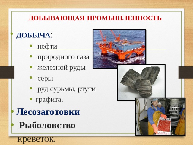 ДОБЫВАЮЩАЯ ПРОМЫШЛЕННОСТЬ ДОБЫЧА :   нефти  природного газа  железной руды  серы  руд сурьмы, ртути графита.   нефти  природного газа  железной руды  серы  руд сурьмы, ртути графита.   нефти  природного газа  железной руды  серы  руд сурьмы, ртути графита. Лесозаготовки  Рыболовство  креветок. 