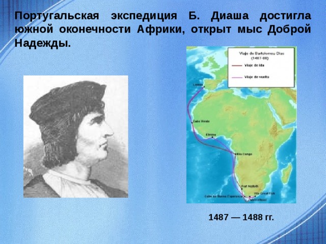 Португальская экспедиция Б. Диаша достигла южной оконечности Африки, открыт мыс Доброй Надежды. 1487 — 1488 гг.  