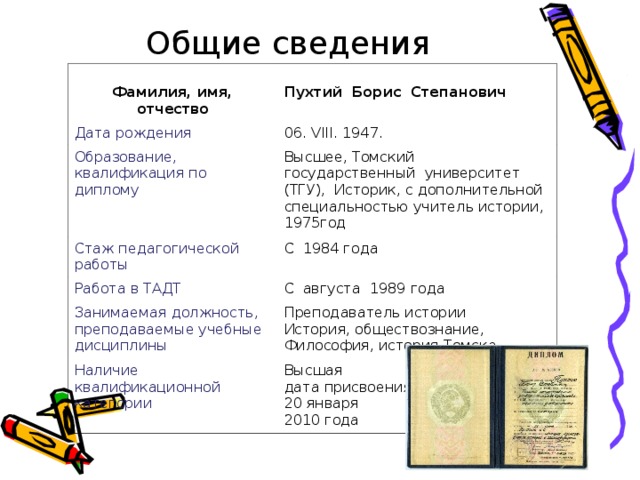 Общие сведения  Фамилия, имя, отчество  Пухтий Борис Степанович Дата рождения 06. VIII .  19 47 . Образование, квалификация по диплому Высшее, Томский государственный университет (ТГУ), Историк, с дополнительной специальностью учитель истории, 1975год Стаж педагогической работы С 1984 года Работа в ТАДТ С августа 1989 года Занимаемая должность, преподаваемые учебные дисциплины Преподаватель истории История, обществознание, Философия, история Томска Наличие квалификационной категории Высшая дата присвоения 20 января 2010 года 