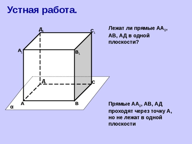 Устная работа. Лежат ли прямые АА 1 , АВ, АД в одной плоскости? Д 1 С 1 А 1 В 1 Д С В А Прямые АА 1 , АВ, АД проходят через точку А, но не лежат в одной плоскости α 