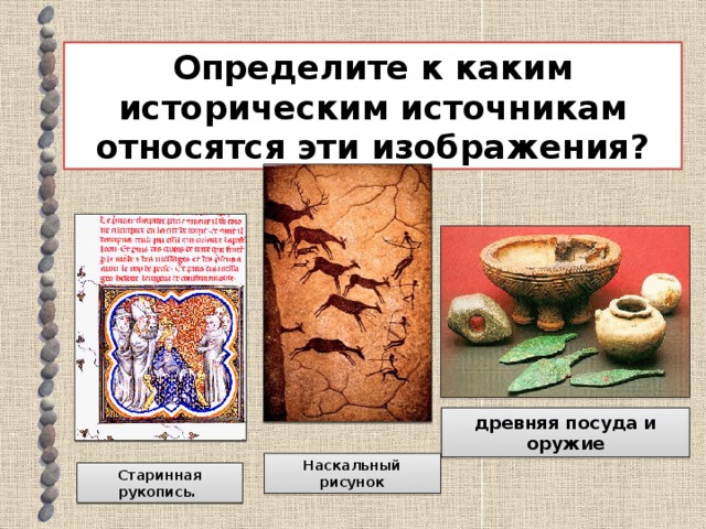 Определите к каким историческим источникам относятся эти изображения? древняя посуда и оружие Наскальный рисунок Старинная рукопись. 