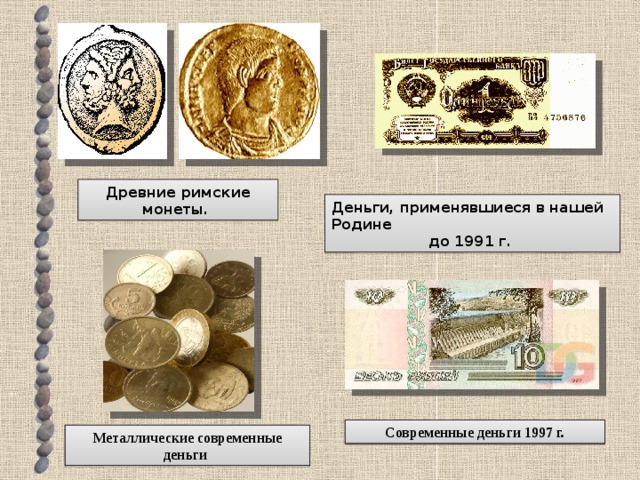 Древние римские монеты. Деньги, применявшиеся в нашей Родине до 1991 г. Современные деньги 1997 г. Металлические современные деньги 