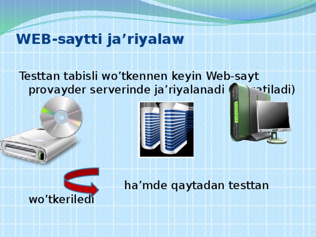 WEB-saytti ja’riyalaw   Testtan tabisli wo’tkennen keyin Web-sayt provayder serverinde ja’riyalanadi (tarqatiladi)  ha’mde qaytadan testtan wo’tkeriledi 