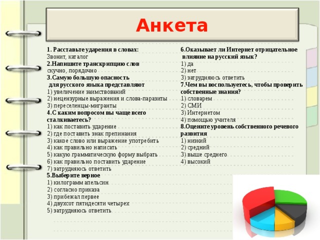 Анкета 1. Расставьте ударения в словах: Звонит, каталог 2.Напишите транскрипцию слов скучно, порядочно 3.Самую большую опасность  для русского языка представляют 1) увеличение заимствований 2) нецензурные выражения и слова-паразиты 3) переселенцы-мигранты 4.С каким вопросом вы чаще всего сталкиваетесь? 1) как поставить ударение 2) где поставить знак препинания 3) какое слово или выражение употребить 4) как правильно написать 5) какую грамматическую форму выбрать 6) как правильно поставить ударение 7) затрудняюсь ответить 5.Выберите верное 1) килограмм апельсин 2) согласно приказа 3) прибежал первее 4) двухсот пятидесяти четырех 5) затрудняюсь ответить 6.Оказывает ли Интернет отрицательное  влияние на русский язык? 1) да 2) нет 3) затрудняюсь ответить 7.Чем вы воспользуетесь, чтобы проверить собственные знания? 1) словарем 2) СМИ 3) Интернетом 4) помощью учителя 8.Оцените уровень собственного речевого развития 1) низкий 2) средний 3) выше среднего 4) высокий