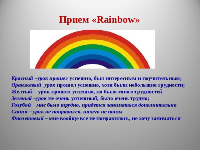 Прием « Rainbow » Красный –урок прошел успешно, был интересным и поучительным; Оранжевый- урок прошел успешно, хотя были небольшие трудности; Желтый – урок прошел успешно, но было много трудностей Зеленый –урок не очень успешный, было очень трудно; Голубой – мне было трудно, придется заниматься дополнительно Синий – урок не понравился, ничего не понял Фиолетовый – мне вообще все не понравилось, не хочу заниматься