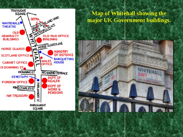 Map of Whitehall showing the major UK Government buildings.