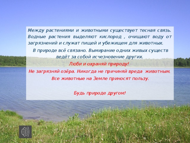 Между растениями и животными существует тесная связь. Водные растения выделяют кислород , очищают воду от загрязнений и служат пищей и убежищем для животных.  В природе всё связано. Вымирание одних живых существ ведёт за собой исчезновение других. Люби и охраняй природу! Не загрязняй озёра. Никогда не причиняй вреда животным.  Все животные на Земле приносят пользу.  Будь природе другом! 