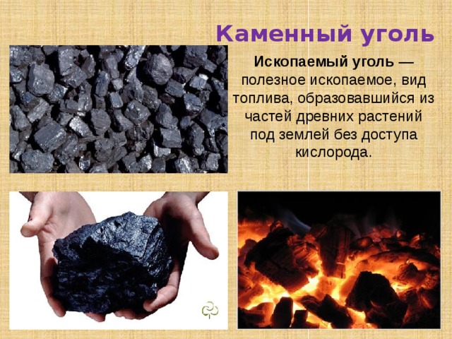 Каменный уголь Ископаемый уголь  — полезное ископаемое, вид топлива, образовавшийся из частей древних растений под землей без доступа кислорода. 
