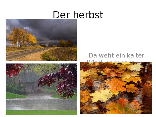 Der herbst  Da weht ein kalter Wind, es regnet. Die Blätter fallen von den Bäumen. 