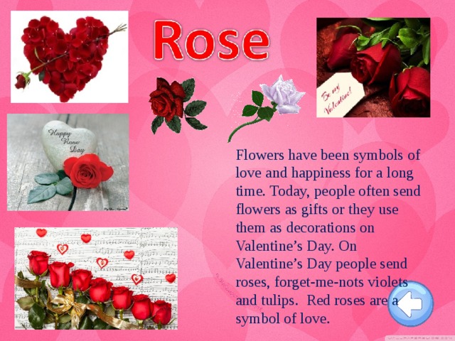 Flowers have been symbols of love and happiness for a long time. Today, people often send flowers as gifts or they use them as decorations on Valentine’s Day. On Valentine’s Day people send roses, forget-me-nots violets and tulips. Red roses are a symbol of love.