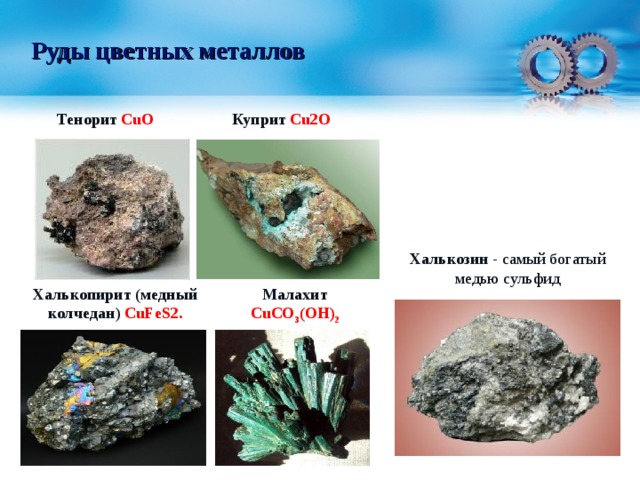 Руды цветных металлов Куприт  Cu2O  Тенорит  CuO Халькозин - самый богатый медью сульфид Халькопирит ( медный  колчедан ) CuFeS2. Малахит  С u СО 3 (ОН) 2 