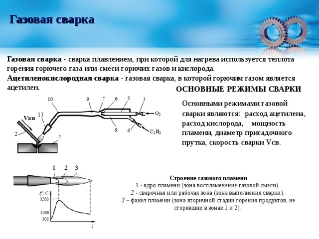 Газовая сварка Газовая сварка  - сварка плавлением, при которой для нагрева используется теплота горения горючего газа или смеси горючих газов и кислорода.  Ацетиленокислородная сварка - газовая сварка, в которой горючим газом является ацетилен. ОСНОВНЫЕ РЕЖИМЫ СВАРКИ  Основными режимами газовой сварки являются: расход ацетилена, расход кислорода, мощность пламени, диаметр присадочного прутка, скорость сварки V св. Строение газового пламени 1 - ядро пламени (зона воспламенение газовой смеси). 2 - сварочная или рабочая зона (зона выполнения сварки). 3 – факел пламени (зона вторичной стадии горения продуктов, не сгоревших в зонах 1 и 2). 