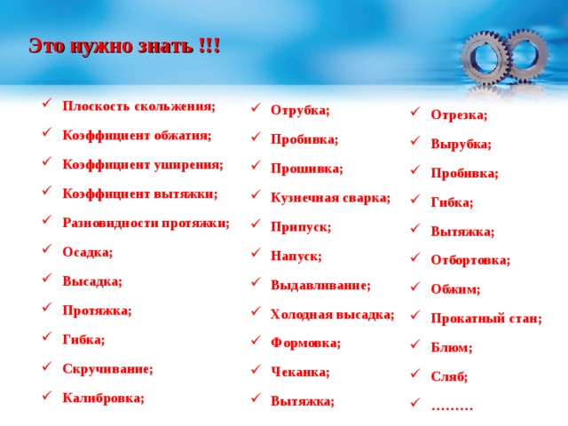 Это нужно знать !!! Плоскость скольжения; Коэффициент обжатия; Коэффициент уширения; Коэффициент вытяжки; Разновидности протяжки; Осадка; Высадка; Протяжка; Гибка; Скручивание; Калибровка;  Отрубка; Пробивка; Прошивка; Кузнечная сварка; Припуск; Напуск; Выдавливание; Холодная высадка; Формовка; Чеканка; Вытяжка;  Отрезка; Вырубка; Пробивка; Гибка; Вытяжка; Отбортовка; Обжим; Прокатный стан; Блюм; Сляб; ……… 