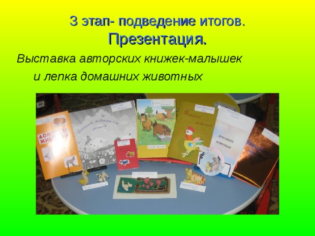 3 этап- подведение итогов.  Презентация. Выставка авторских книжек-малышек  и лепка домашних животных  