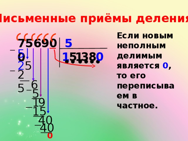 Письменные приёмы деления: Если новым неполным делимым является 0 , то его переписываем в частное. 756900 5  5 1 0 8 3 5 1  ● ● ● ● ● 2 5 ●  25 6  5 9 1 15 0 4 40 0 