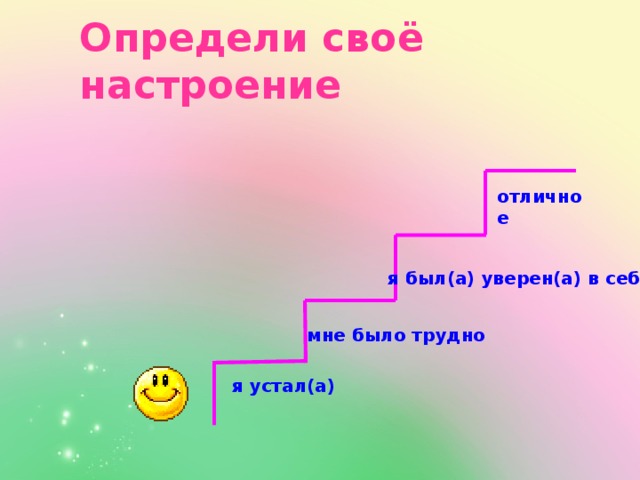 Определи своё настроение отличное я был(а) уверен(а) в себе мне было трудно я устал(а) 