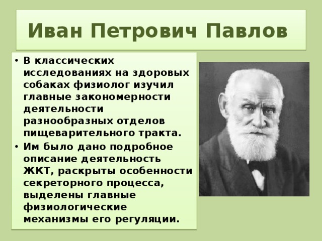 Иван Петрович Павлов В классических исследованиях на здоровых собаках физиолог изучил главные закономерности деятельности разнообразных отделов пищеварительного тракта. Им было дано подробное описание деятельность ЖКТ, раскрыты особенности секреторного процесса, выделены главные физиологические механизмы его регуляции. 