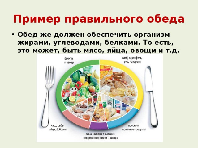 Пример правильного обеда Обед же должен обеспечить организм жирами, углеводами, белками. То есть, это может, быть мясо, яйца, овощи и т.д. 