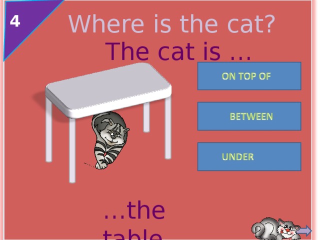 Where is the cat? 4 The cat is … … the table. 