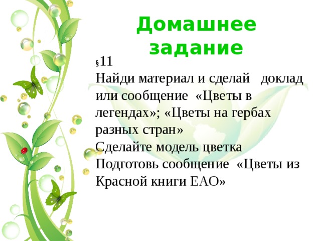 Домашнее задание § 11 Найди материал и сделай доклад или сообщение «Цветы в легендах»; «Цветы на гербах разных стран» Сделайте модель цветка Подготовь сообщение «Цветы из Красной книги ЕАО» 