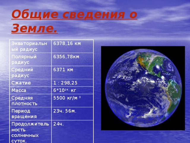 Общие сведения о Земле. Экваториальный радиус 6378,16 км Полярный радиус 6356,78км Средний радиус 6371 км Сжатие 1 : 298,25 Масса 6*10 24 кг Средняя плотность 5500 кг/м 3 Период вращения 23ч. 56м. Продолжительность солнечных суток. 24ч. 