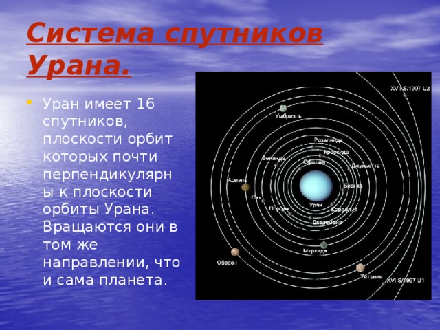 Система спутников Урана. Уран имеет 16 спутников, плоскости орбит которых почти перпендикулярны к плоскости орбиты Урана. Вращаются они в том же направлении, что и сама планета. 